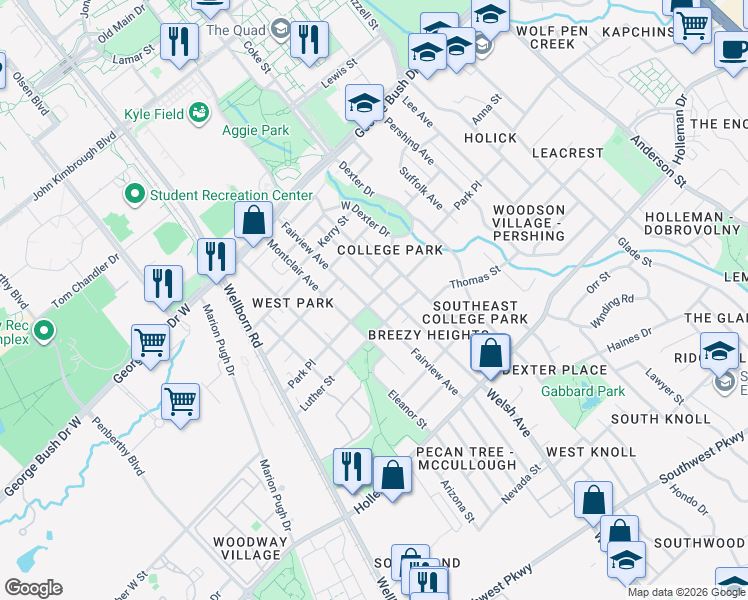 map of restaurants, bars, coffee shops, grocery stores, and more near 400 Park Place in College Station