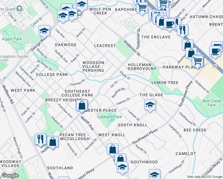 map of restaurants, bars, coffee shops, grocery stores, and more near 1200 Orr Street in College Station