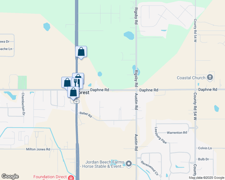 map of restaurants, bars, coffee shops, grocery stores, and more near 10329 County Road 64 in Daphne