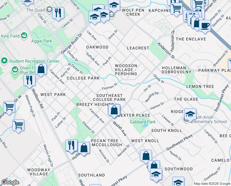map of restaurants, bars, coffee shops, grocery stores, and more near 902 Hawthorn Street in College Station