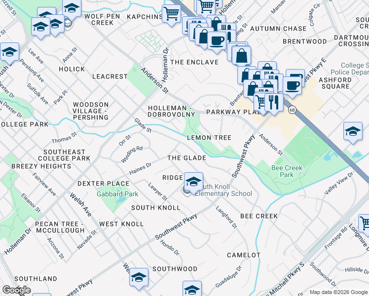 map of restaurants, bars, coffee shops, grocery stores, and more near 1301 Glade Street in College Station