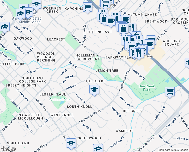 map of restaurants, bars, coffee shops, grocery stores, and more near 1302 Glade Street in College Station