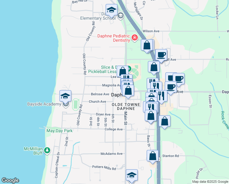 map of restaurants, bars, coffee shops, grocery stores, and more near 1806 6th Street in Daphne