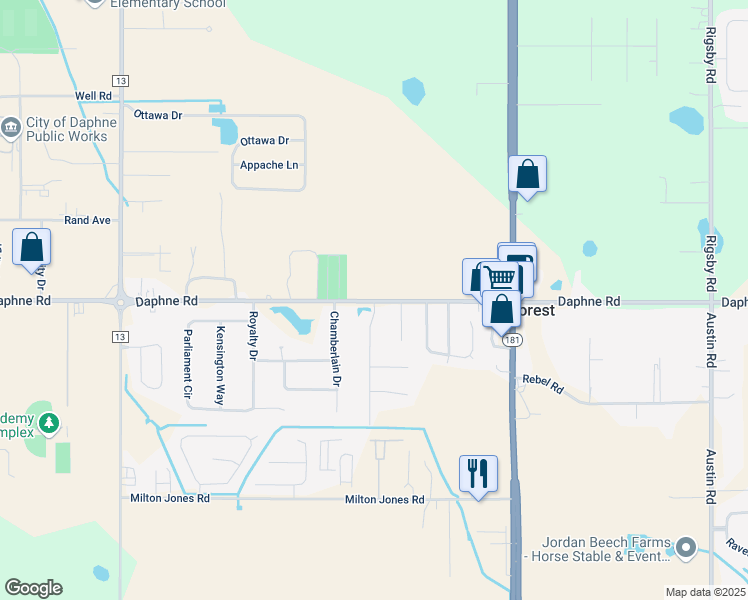 map of restaurants, bars, coffee shops, grocery stores, and more near 9671 Daphne Road in Daphne