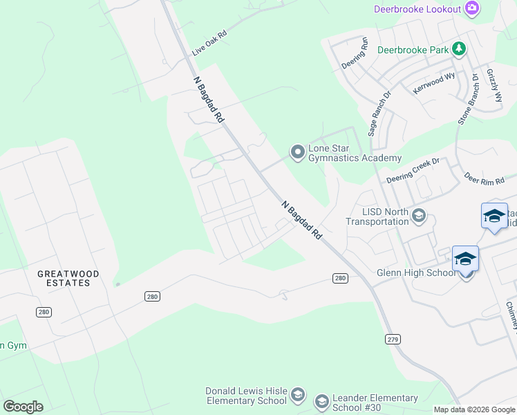 map of restaurants, bars, coffee shops, grocery stores, and more near 4350 County Road 279 in Leander