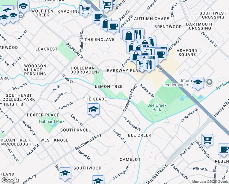 map of restaurants, bars, coffee shops, grocery stores, and more near 1601 Lemon Tree Lane in College Station