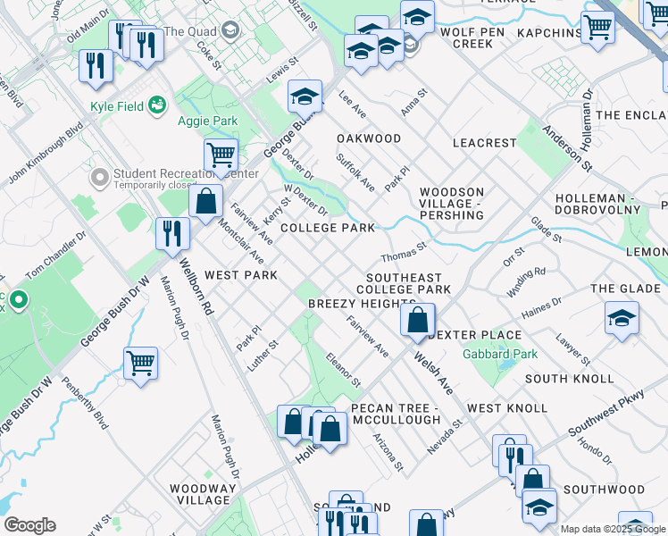 map of restaurants, bars, coffee shops, grocery stores, and more near 705 Welsh Avenue in College Station