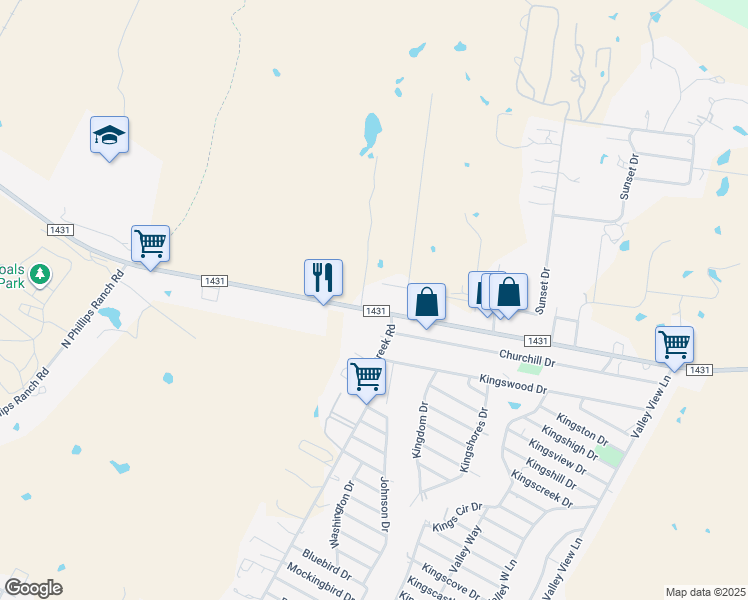 map of restaurants, bars, coffee shops, grocery stores, and more near 7224 West Farm to Market 1431 in Marble Falls