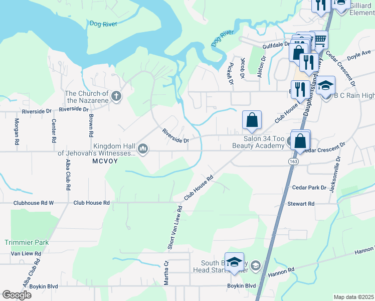 map of restaurants, bars, coffee shops, grocery stores, and more near 3298 Pine Road in Mobile