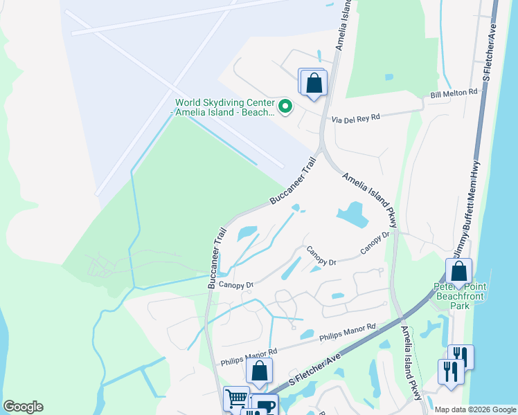 map of restaurants, bars, coffee shops, grocery stores, and more near Buccaneer Trail in Fernandina Beach