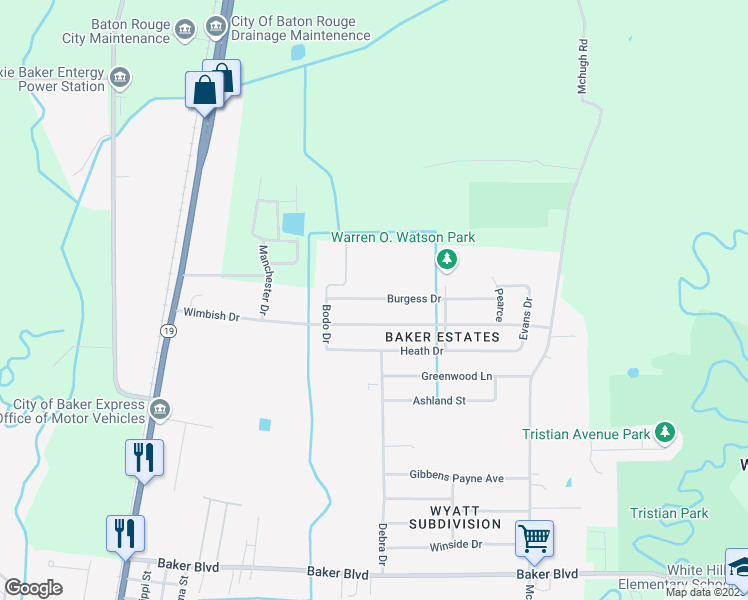 map of restaurants, bars, coffee shops, grocery stores, and more near 4242 Burgess Drive in Baker