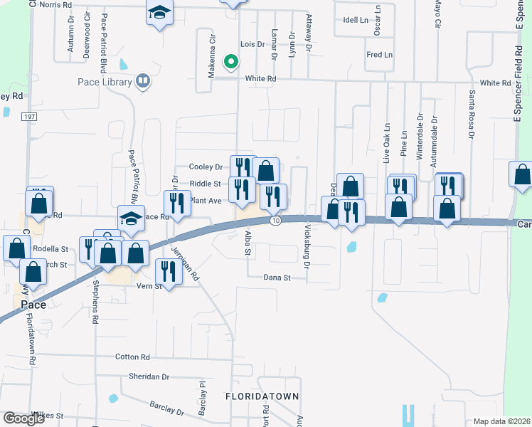 map of restaurants, bars, coffee shops, grocery stores, and more near 4240 U.S. 90 in Pace
