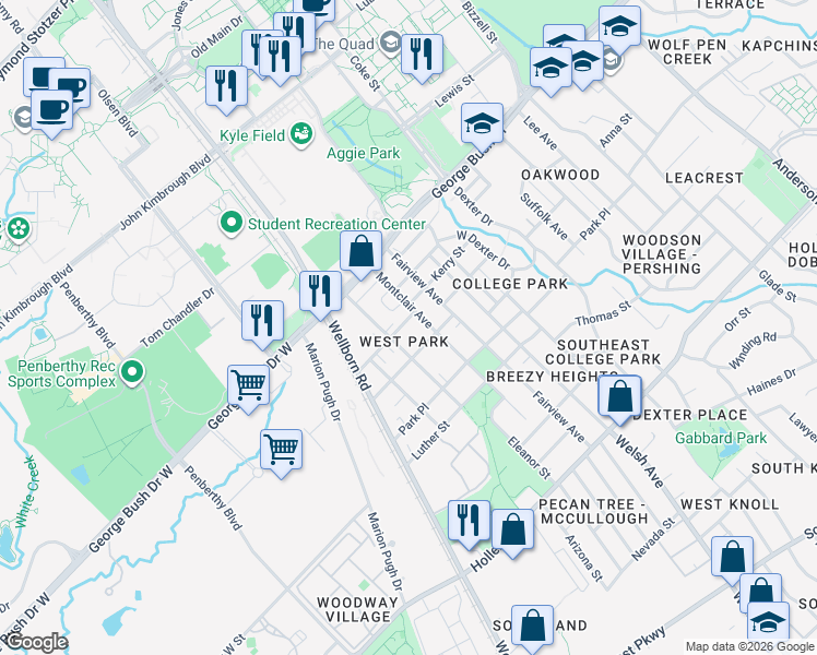 map of restaurants, bars, coffee shops, grocery stores, and more near 304 Montclair Avenue in College Station