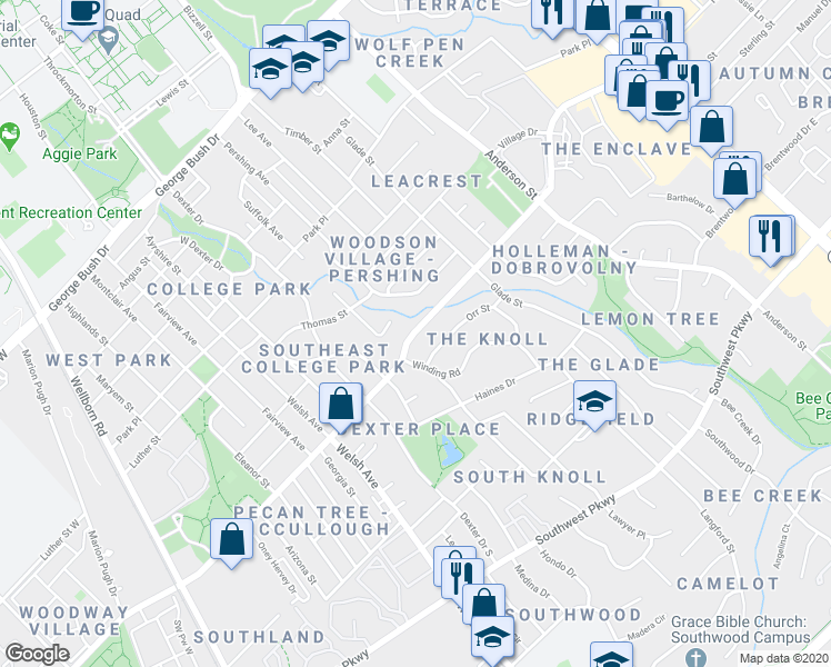 map of restaurants, bars, coffee shops, grocery stores, and more near 906 Holleman Drive in College Station