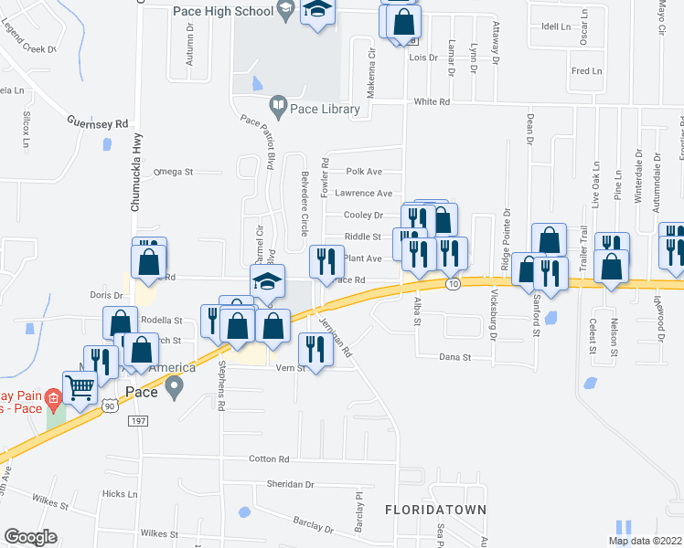 map of restaurants, bars, coffee shops, grocery stores, and more near 4130 Pace Road in Milton