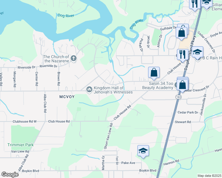 map of restaurants, bars, coffee shops, grocery stores, and more near 2008 Gill Road in Mobile