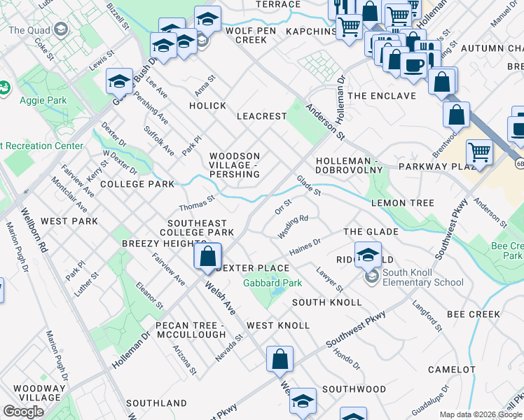 map of restaurants, bars, coffee shops, grocery stores, and more near 1004 Holleman Drive in College Station