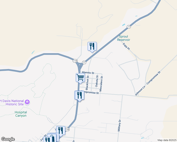 map of restaurants, bars, coffee shops, grocery stores, and more near Blackfoot Street in Fort Davis