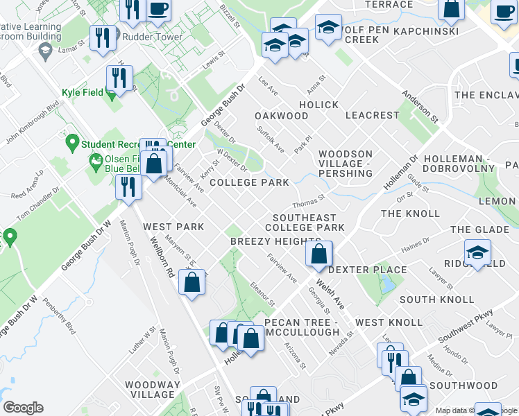 map of restaurants, bars, coffee shops, grocery stores, and more near 704 Hereford Street in College Station