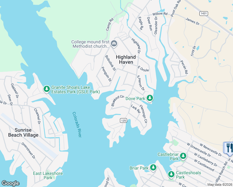 map of restaurants, bars, coffee shops, grocery stores, and more near 114 Bluebird Circle in Marble Falls