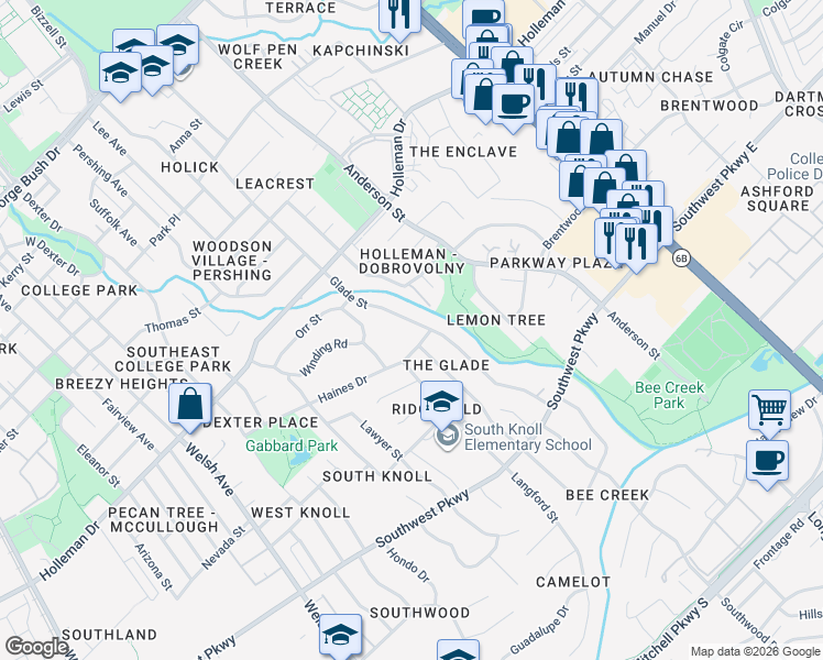 map of restaurants, bars, coffee shops, grocery stores, and more near 1208 Glade Street in College Station