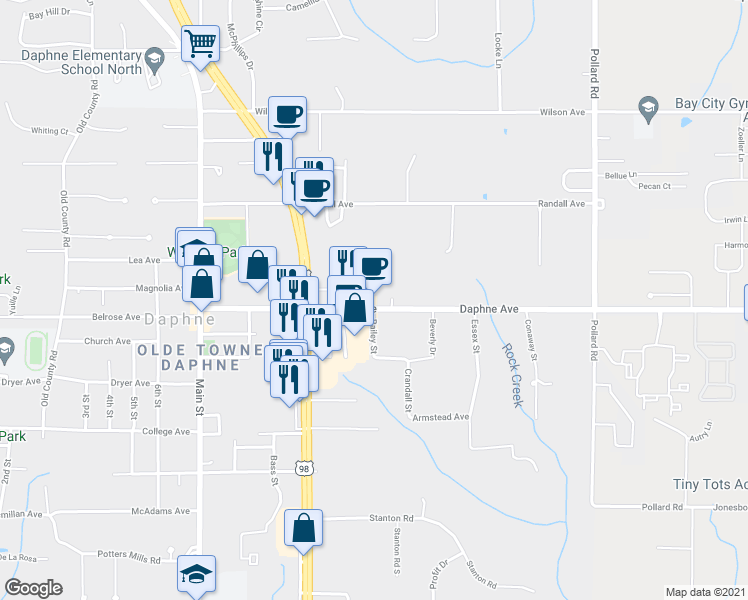 map of restaurants, bars, coffee shops, grocery stores, and more near 1015 Daphne Avenue in Daphne