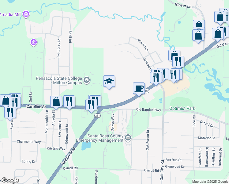 map of restaurants, bars, coffee shops, grocery stores, and more near 6050 US 90 in Milton