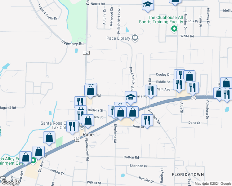 map of restaurants, bars, coffee shops, grocery stores, and more near 4600-4648 Crossing Court in Pace