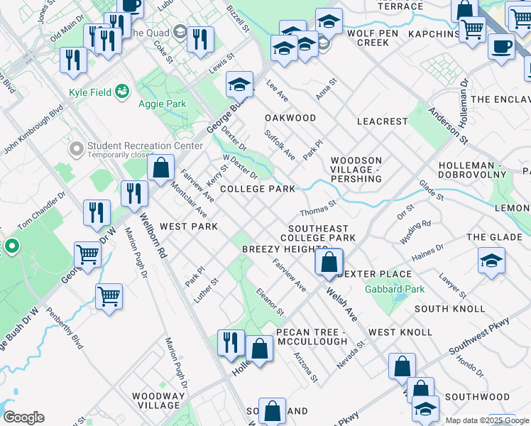 map of restaurants, bars, coffee shops, grocery stores, and more near 700 Hereford Street in College Station