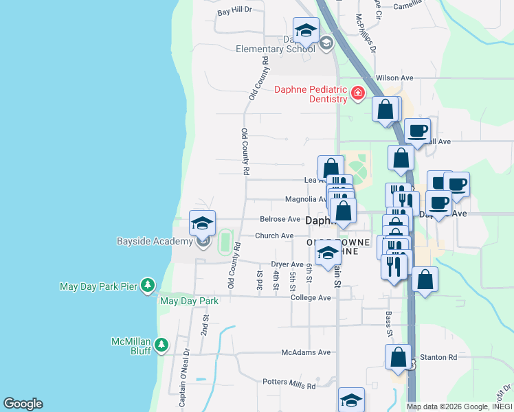 map of restaurants, bars, coffee shops, grocery stores, and more near 502 Magnolia Avenue in Daphne