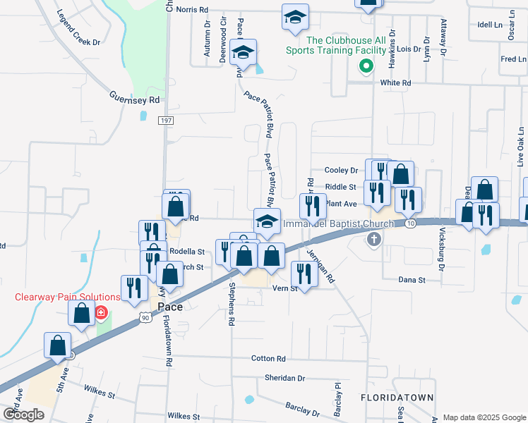 map of restaurants, bars, coffee shops, grocery stores, and more near 4589 Carmel Circle in Pace
