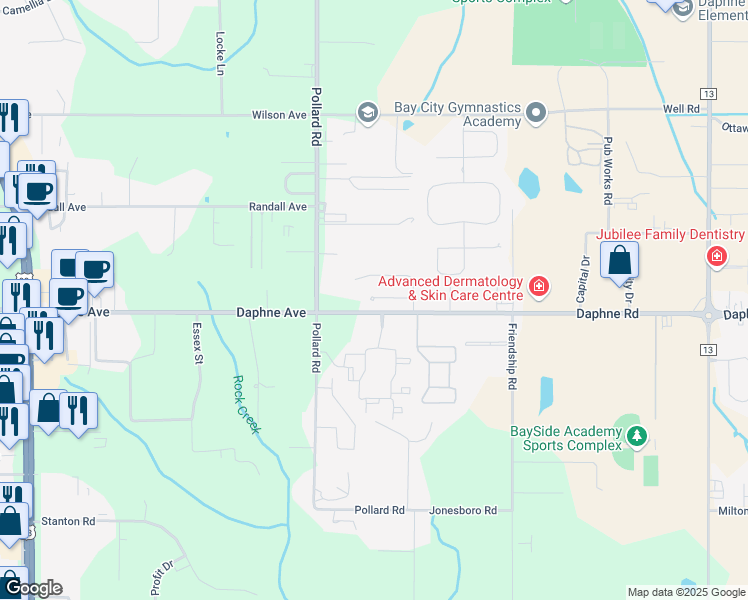 map of restaurants, bars, coffee shops, grocery stores, and more near 8178 Gardenia Court in Daphne