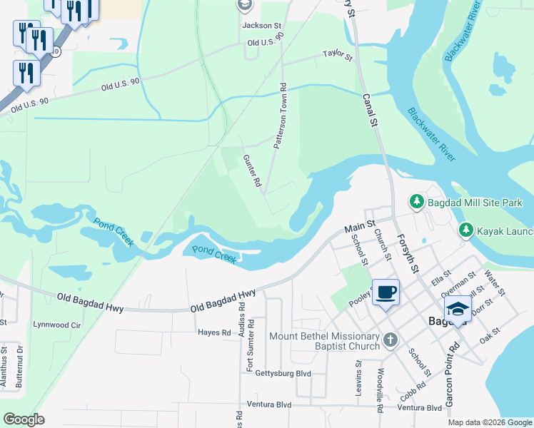 map of restaurants, bars, coffee shops, grocery stores, and more near 4621 Gunter Road in Milton