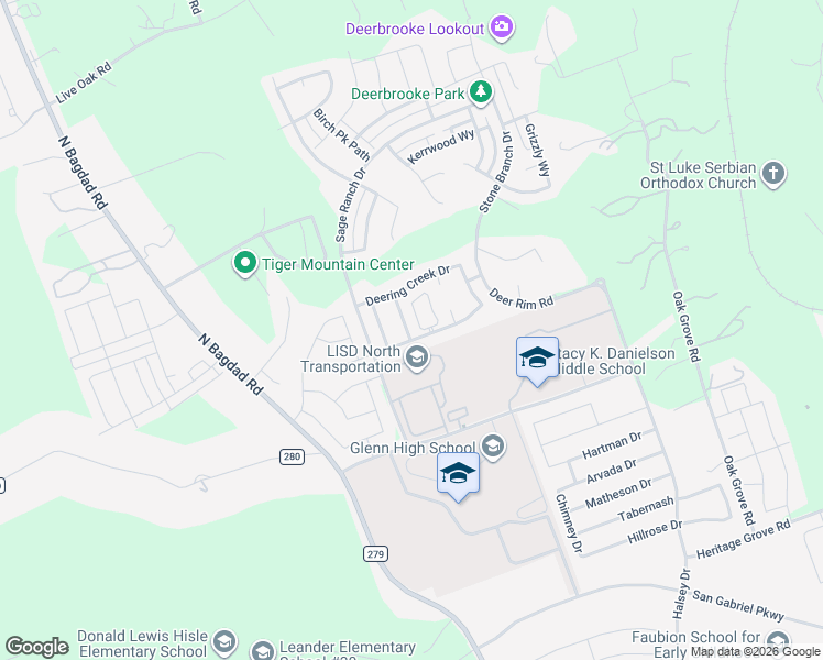 map of restaurants, bars, coffee shops, grocery stores, and more near 2408 Burberry Lane in Leander