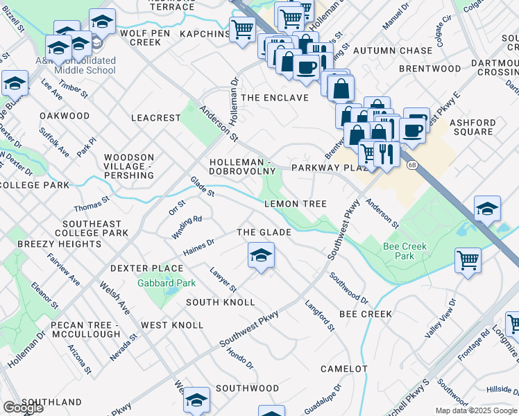 map of restaurants, bars, coffee shops, grocery stores, and more near 1301 Glade Street in College Station