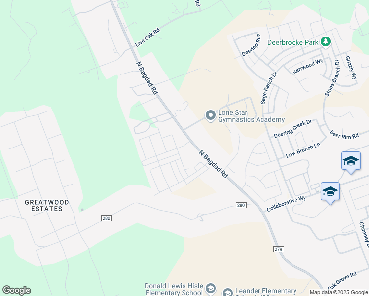 map of restaurants, bars, coffee shops, grocery stores, and more near 4350 County Road 279 in Leander