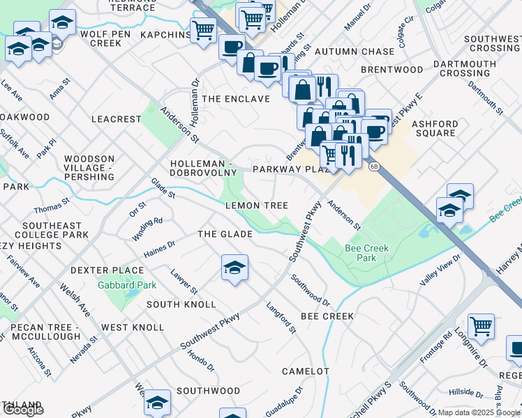 map of restaurants, bars, coffee shops, grocery stores, and more near 1600 Lemon Tree Lane in College Station