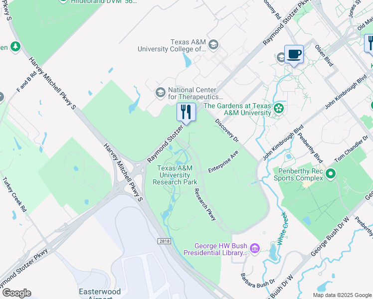 map of restaurants, bars, coffee shops, grocery stores, and more near 2929 Research Parkway in College Station