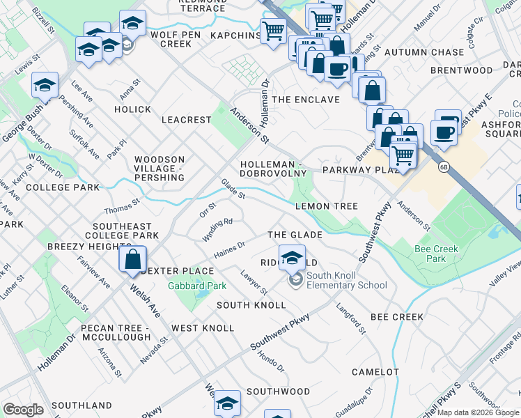 map of restaurants, bars, coffee shops, grocery stores, and more near 1208 Glade St in College Station