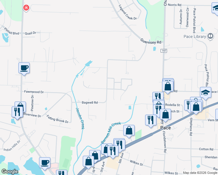 map of restaurants, bars, coffee shops, grocery stores, and more near 4606 Old Guernsey Road in Pace
