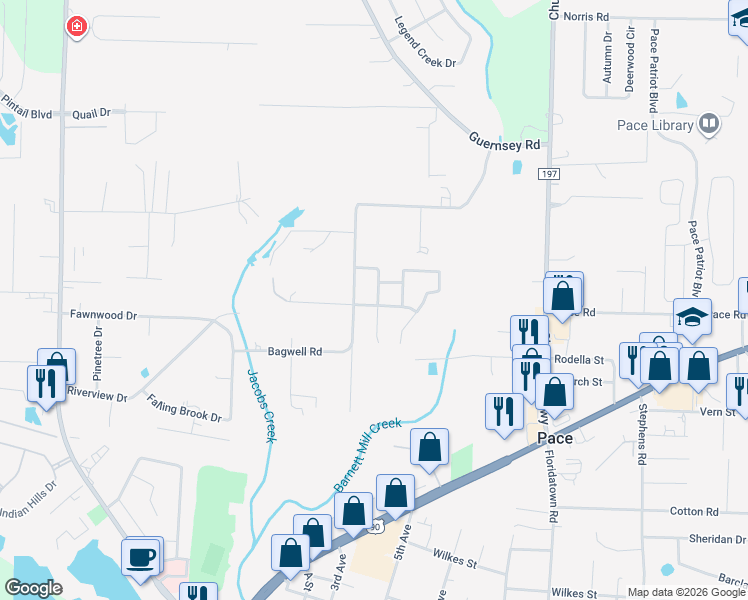 map of restaurants, bars, coffee shops, grocery stores, and more near 4606 Old Guernsey Road in Pace