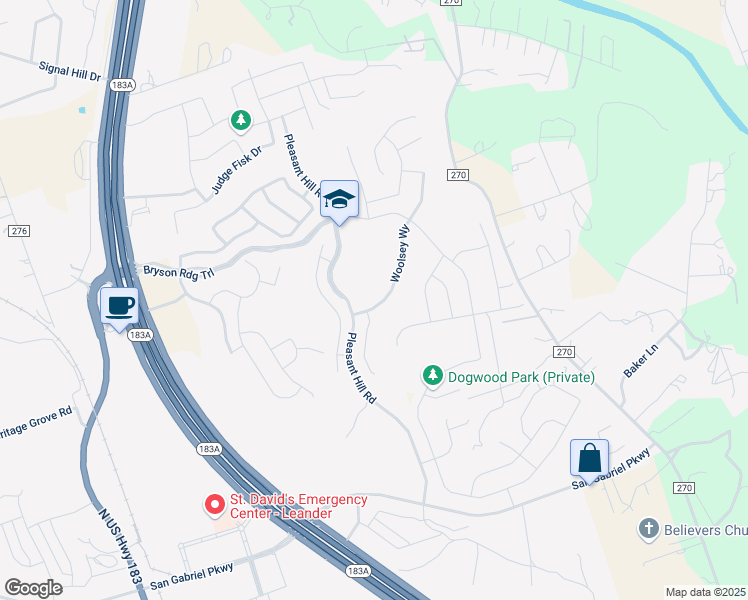 map of restaurants, bars, coffee shops, grocery stores, and more near 1741 Woolsey Way in Leander
