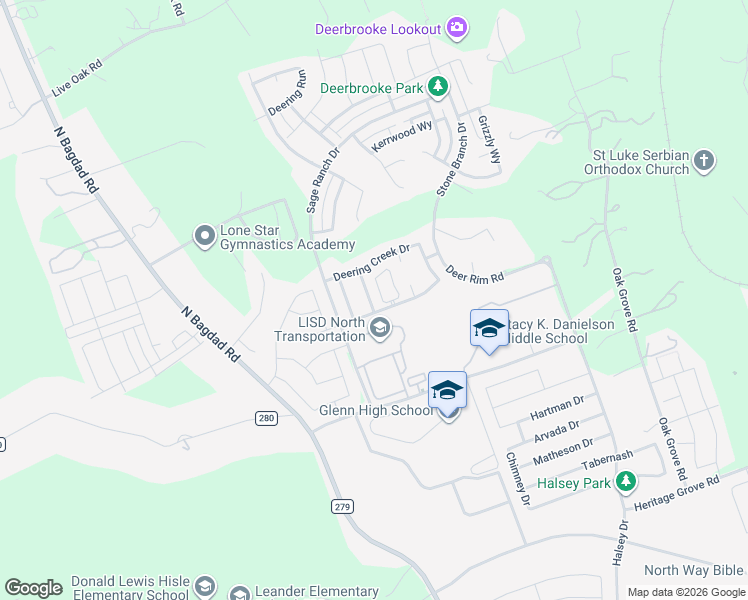 map of restaurants, bars, coffee shops, grocery stores, and more near 2408 Burberry Lane in Leander