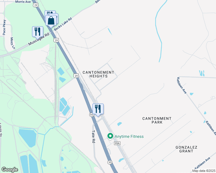 map of restaurants, bars, coffee shops, grocery stores, and more near 1013 Woodbury Place in Cantonment