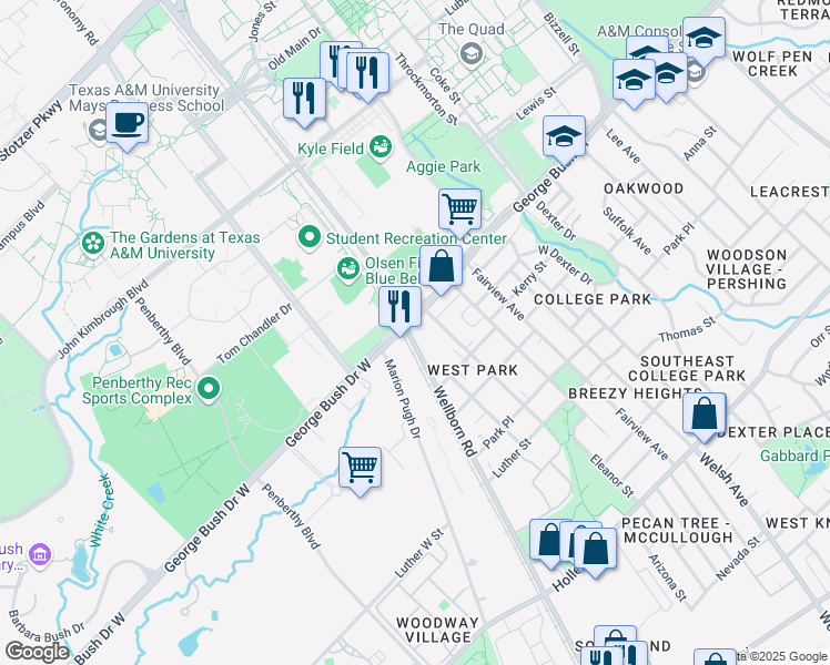 map of restaurants, bars, coffee shops, grocery stores, and more near 100 George Bush Drive in College Station