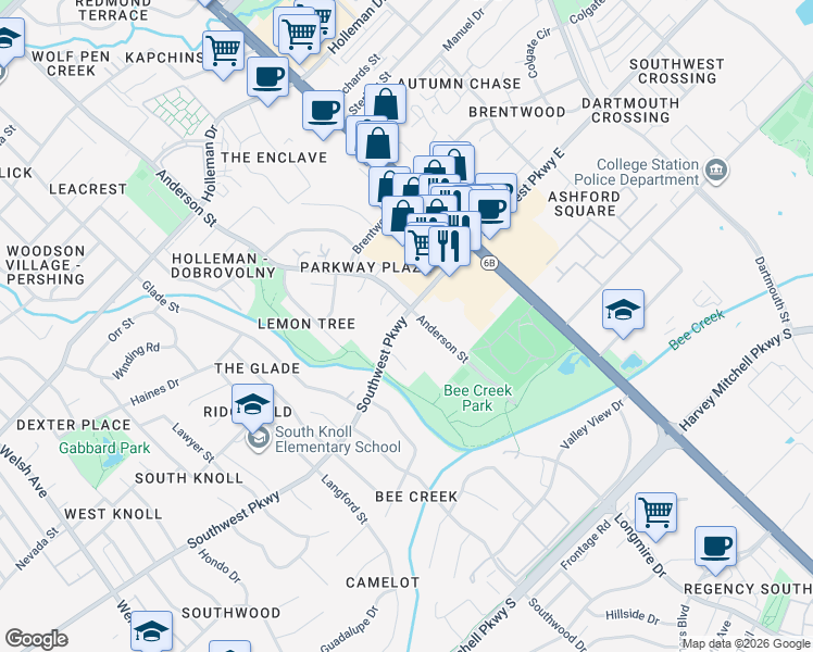 map of restaurants, bars, coffee shops, grocery stores, and more near 1600 Southwest Parkway in College Station
