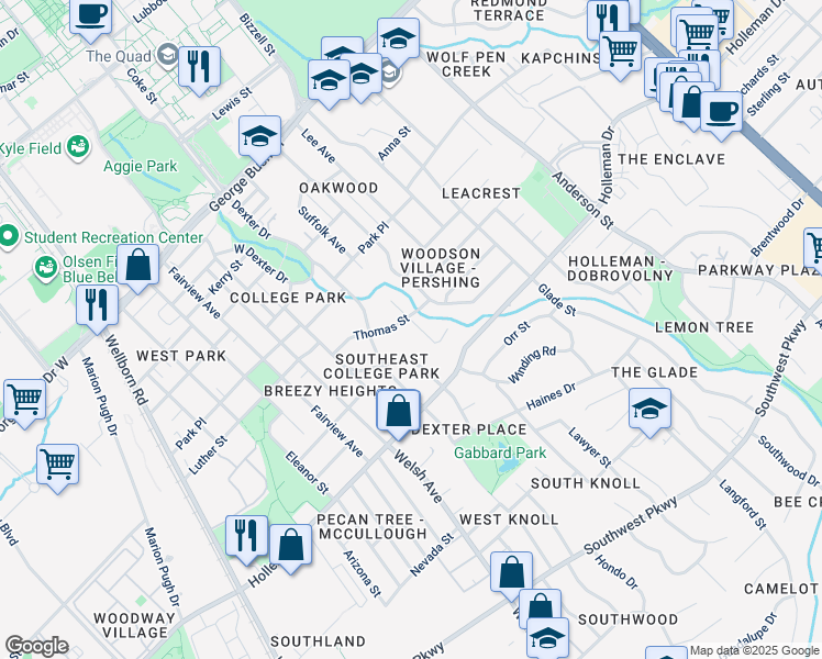 map of restaurants, bars, coffee shops, grocery stores, and more near 902 Hawthorn Street in College Station