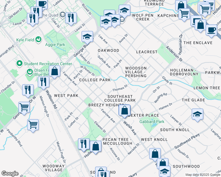 map of restaurants, bars, coffee shops, grocery stores, and more near 703 Thomas Street in College Station