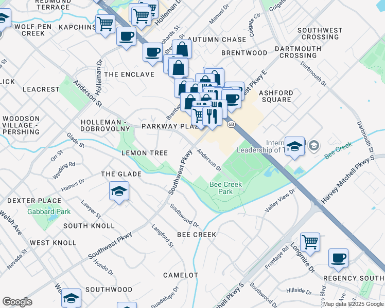 map of restaurants, bars, coffee shops, grocery stores, and more near 1607 Southwest Parkway in College Station