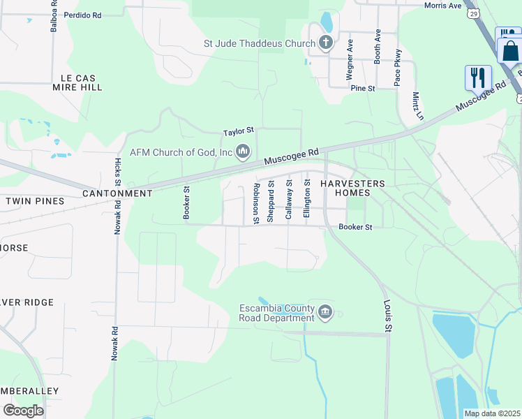 map of restaurants, bars, coffee shops, grocery stores, and more near 114A Robinson Street in Cantonment